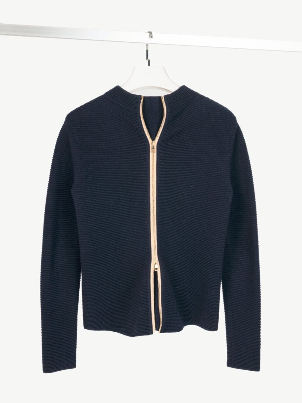 Chloe Navy Wool Ribbed-Knit Back Zip Sweater - Picture 2 of 9